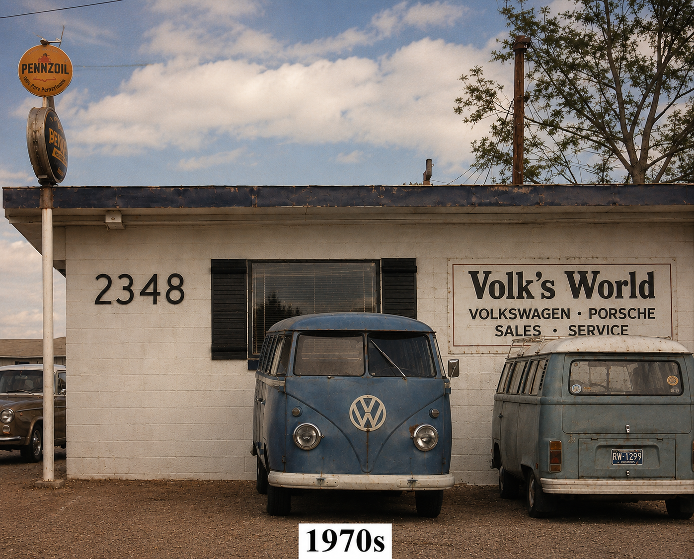 The original 2348 E Boulder Street shop with vintage Volkswagen vehicles