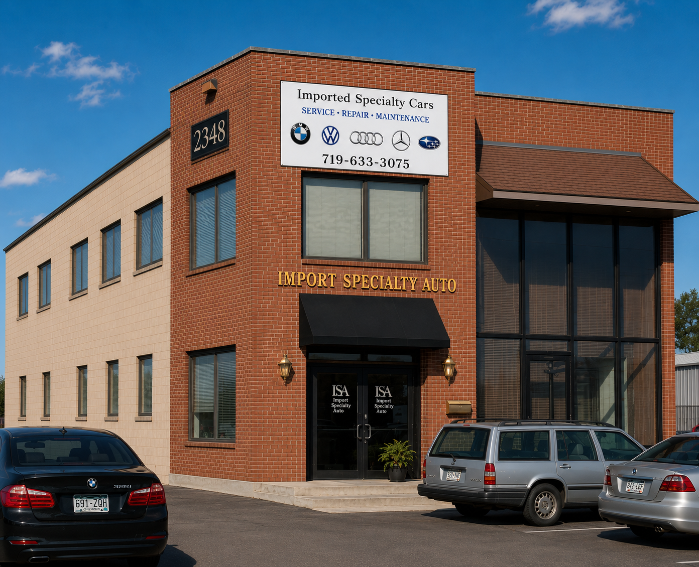 Import Specialty Auto's brick building with European vehicles