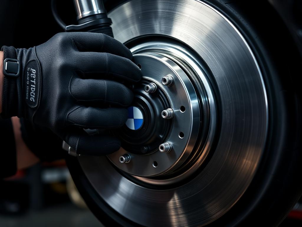 Mechanic installing new brake rotor and pads on a BMW at an import brake shop in Colorado Springs
