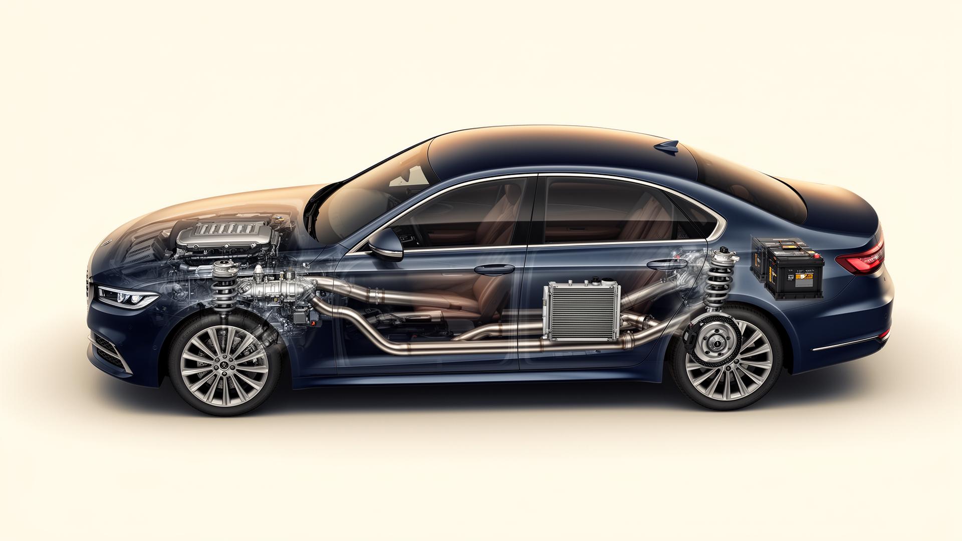 Cutaway illustration of a sedan showing engine, transmission, suspension, exhaust, brakes, battery, and cooling system