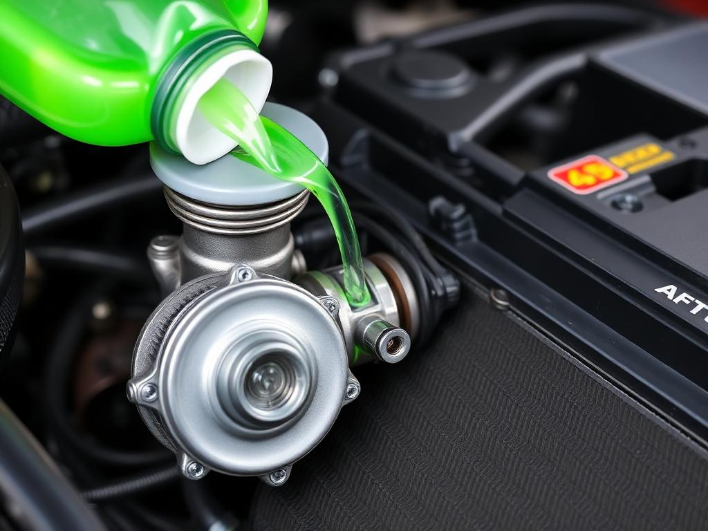 Fresh coolant being added to an import car water pump and radiator during a cooling system flush in Colorado Springs