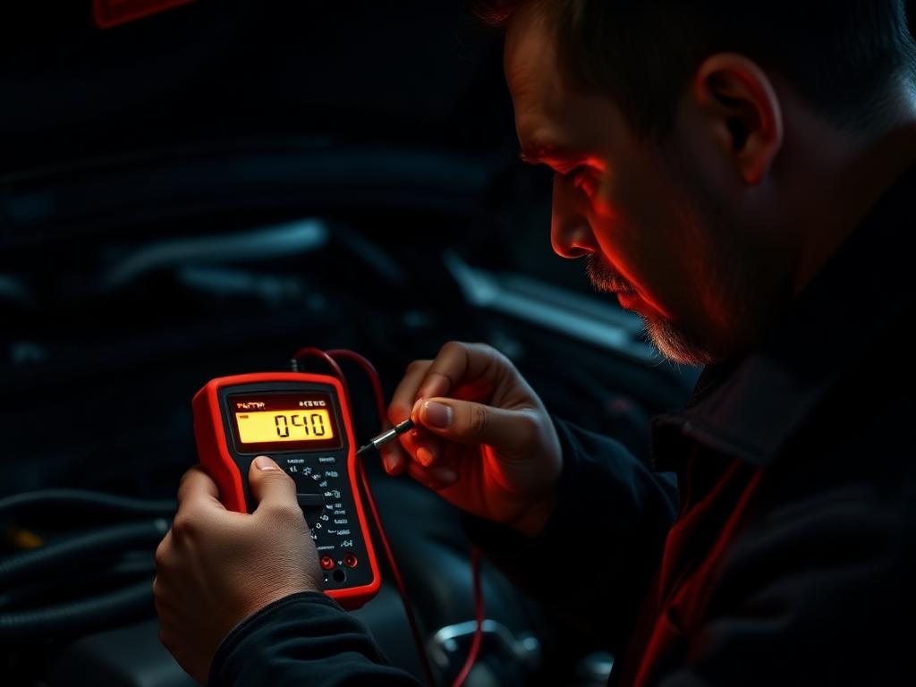Import auto technician diagnosing a car electrical fault with a digital multimeter in Colorado Springs