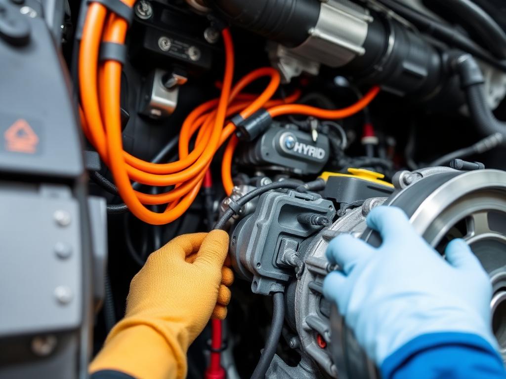 Hybrid vehicle high-voltage orange cables being serviced by a certified hybrid and EV technician in Colorado Springs