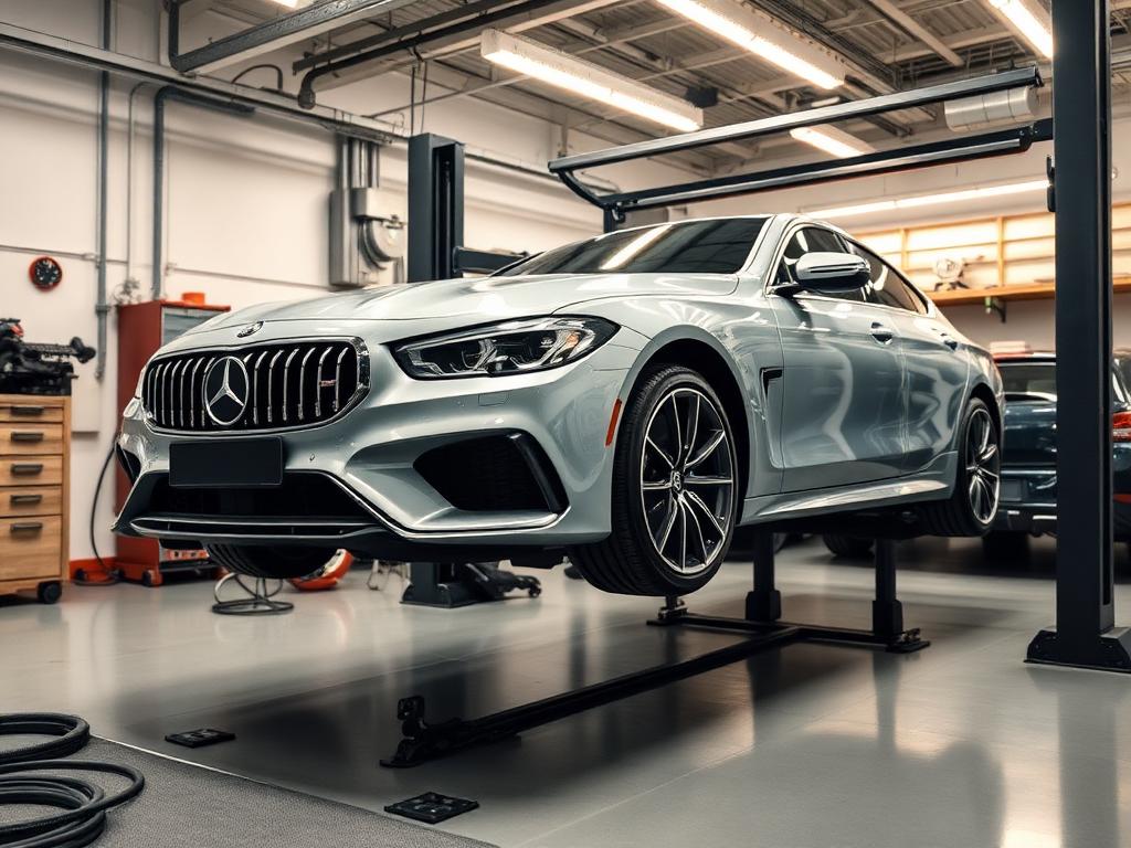 Mercedes-Benz on a lift during factory-scheduled import auto maintenance at Import Specialty Auto Colorado Springs