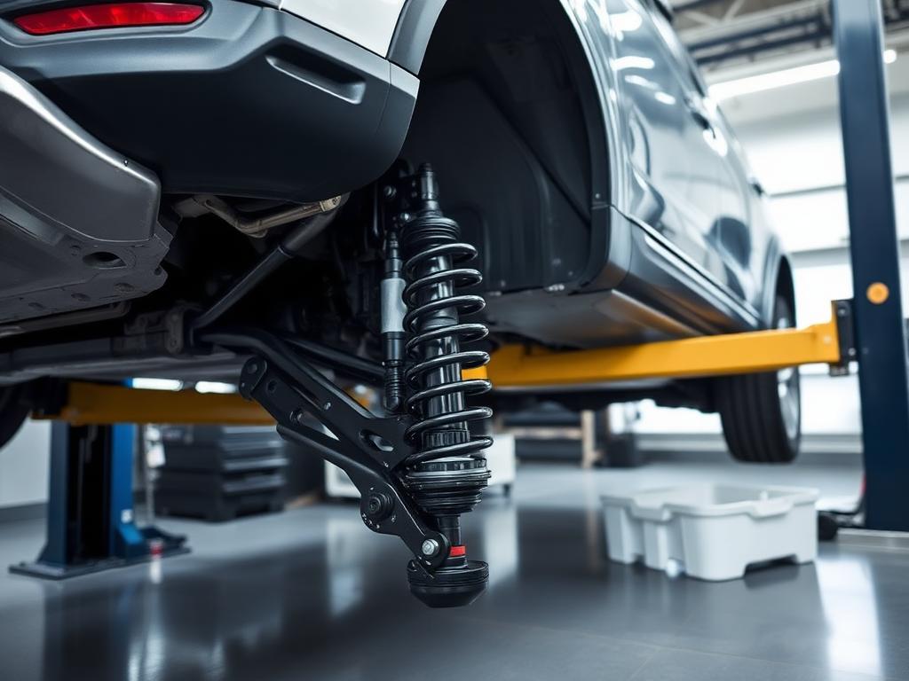 New strut and control arm being installed on a luxury SUV at an import suspension shop in Colorado Springs