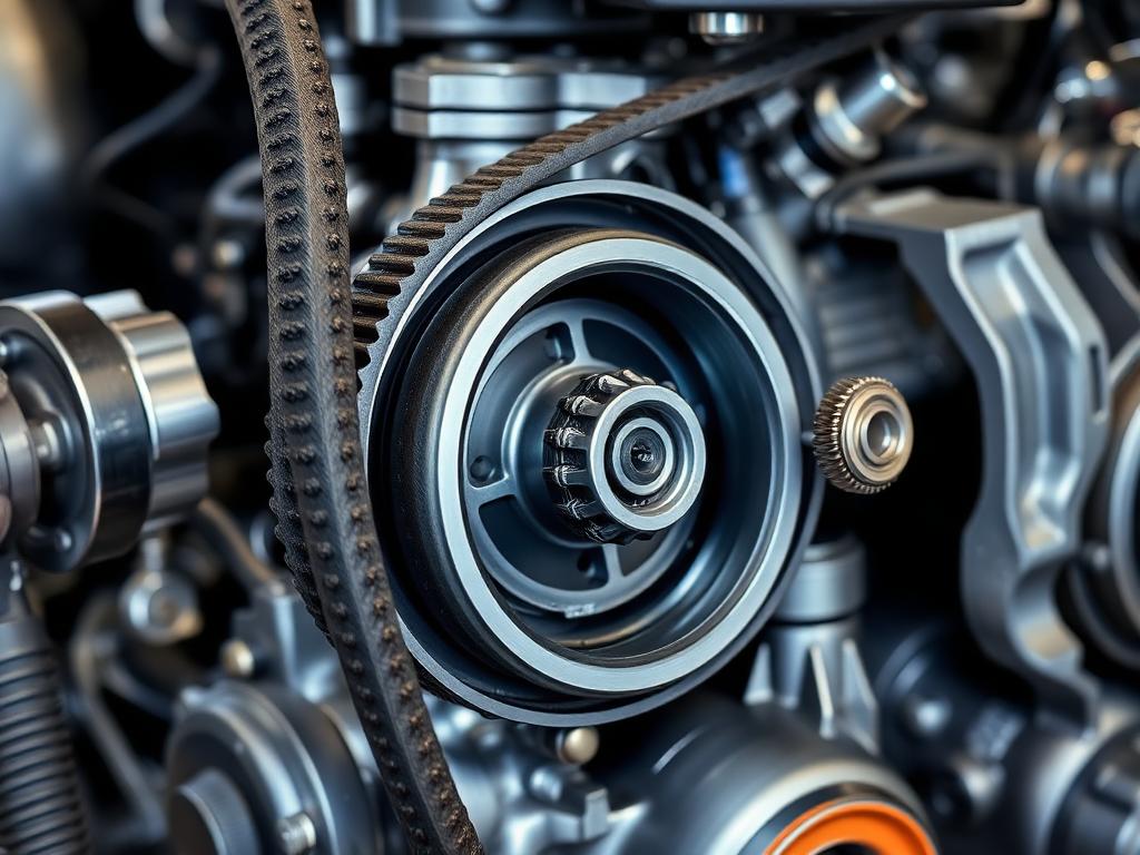 Close-up of timing belt and camshaft gears during an interference-engine timing belt service in Colorado Springs
